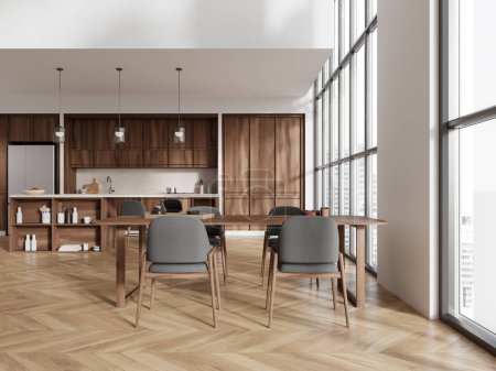 Photo for Interior of modern kitchen with white walls, wooden floor, wooden cupboards and cabinets, island and long dining table with chairs. 3d rendering - Royalty Free Image