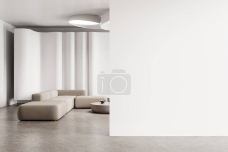 Téléchargez les photos : Élégant salon intérieur avec canapé beige et table basse, décoration minimaliste. Zone salon avec espace de copie maquette cloison vide mur vide. rendu 3D - en image libre de droit