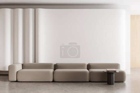 Elegant home living room interior with beige sofa and coffee table, minimalist decoration. Lounge zone with mock up copy space empty blank wall. 3D rendering