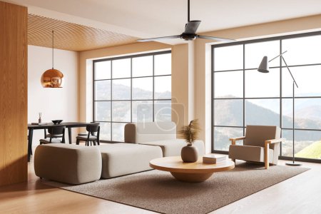 Photo for Corner view of home living room interior with dining table and seats, sofa and armchair with coffee table on carpet, hardwood floor. Panoramic window on countryside. 3D rendering - Royalty Free Image
