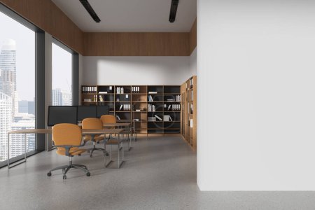 Photo for Office interior with chairs and pc computers on desks in row, concrete floor. Cozy business workplace, shelf with panoramic window on Bangkok. Mockup copy space empty wall. 3D rendering - Royalty Free Image