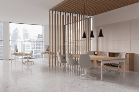 Foto de Esquina de la moderna sala de reuniones de oficina con paredes blancas y beige, suelo de baldosas y mesa de conferencia larga con sillas de color gris claro 3d representación - Imagen libre de derechos
