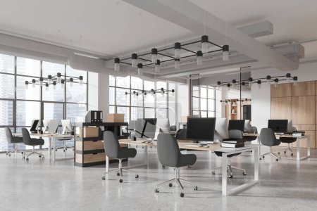 Photo for Corner of stylish open space office with white and wooden walls, concrete floor and rows of computer desks with gray chairs. 3d rendering - Royalty Free Image