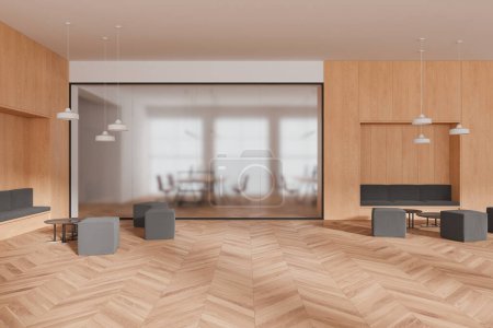 Photo for Interior of modern office waiting room with beige walls, wooden floor, comfortable gray sofa and armchairs standing near coffee table. 3d rendering - Royalty Free Image