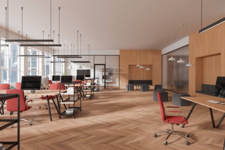 Photo for Wooden office interior with coworking space, pc computers on desks in row and relax area with soft place. Glass meeting room with panoramic window on Bangkok. 3D rendering - Royalty Free Image