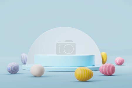 Foto de Vista de la mesa redonda rodeada de coloridos huevos de Pascua sobre fondo azul. Concepto de celebración de Pascua y publicidad. renderizado 3d - Imagen libre de derechos