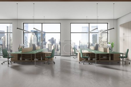 Foto de Interior de la elegante oficina de espacio abierto con paredes blancas, suelo de hormigón, enormes escritorios de ordenador con sillas verdes y grandes ventanales. renderizado 3d - Imagen libre de derechos