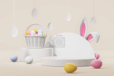 Photo for Mock up round podium with bunny ears for product display. Easter eggs in a wooden basket and hanging lamps. Concept of holiday celebration, gift and decoration. 3D rendering illustration - Royalty Free Image
