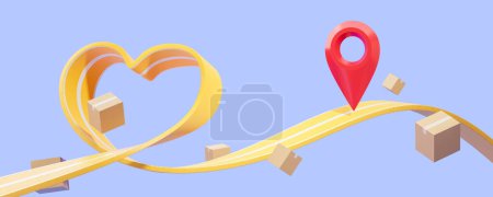 Foto de Parcelas caídas y marca de ubicación roja, etiqueta geográfica en una carretera amarilla en forma de corazón sobre fondo azul. Concepto de entrega con amor y cuidado. Ilustración de representación 3D - Imagen libre de derechos