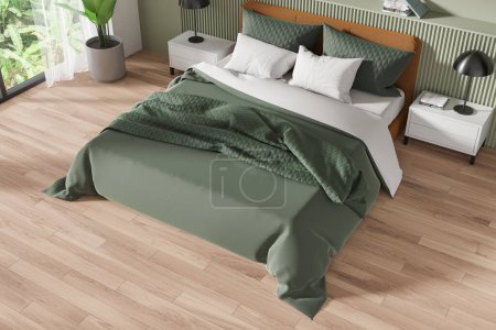 Photo for Top view of stylish hotel bedroom interior with bed, nightstand with books and lamp, hardwood floor. Sleep corner with plant and panoramic window on tropics. 3D rendering - Royalty Free Image