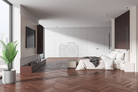 Stilvolles Wohnschlafzimmer mit Bett und Fernseher, Sideboard und Nachttisch mit Dekoration, Teppich auf Hartholzboden. Panoramafenster auf Singapurs Wolkenkratzer. 3D-Rendering