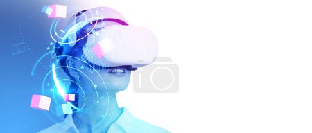 Businesswoman portrait silhouette in vr glasses, double exposure glowing earth globe with circles and blockchain data cubes floating and empty white background. Concept of metaverse