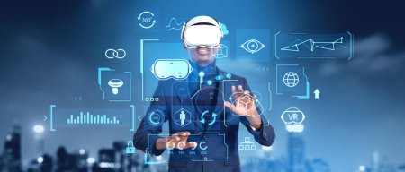 Black businessman in vr glasses headset, hands touch glowing digital world icons. Cyberspace helpdesk and futuristic technology. Concept of metaverse and immersive