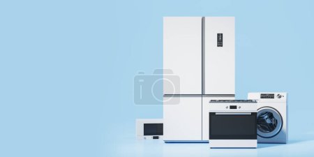 Foto de Electrodomésticos blancos establecidos en el espacio de copia vacío fondo azul. Frigorífico, horno, lavadora y microondas para apartamento o casa moderna. Ilustración de representación 3D - Imagen libre de derechos
