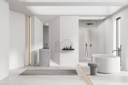 Téléchargez les photos : Intérieur de salle de bain moderne avec murs blancs, sol en béton, baignoire blanche confortable, douche à l'italienne et lavabo confortable avec miroir étroit au-dessus. Rendu 3d - en image libre de droit
