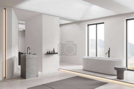 Photo for Corner of stylish bathroom with white walls, concrete floor, comfortable white bathtub and cozy sink with narrow mirror hanging above it. 3d rendering - Royalty Free Image