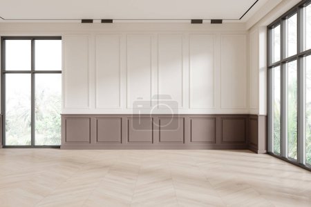 Foto de Interior de habitación moderna vacía con paredes blancas y marrones, suelo de madera y ventanas con vista tropical. renderizado 3d - Imagen libre de derechos