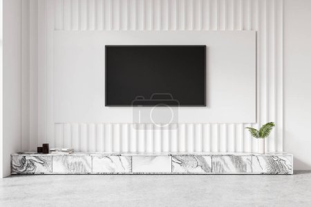 Foto de Casa blanca sala de estar interior con pantalla de tv en la pared, sala de estar con decoración minimalista en suelo de hormigón. Relájese con la televisión. Renderizado 3D - Imagen libre de derechos