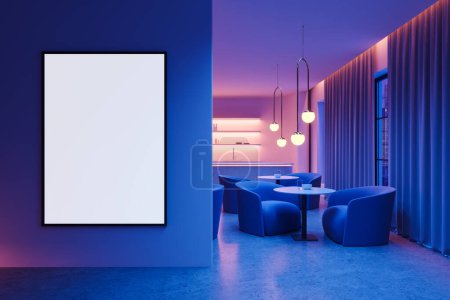 Luxury neon bar interior with counter, eating space with soft armchairs in row on concrete floor. Mockup copy space canvas frame on wall partition. 3D rendering