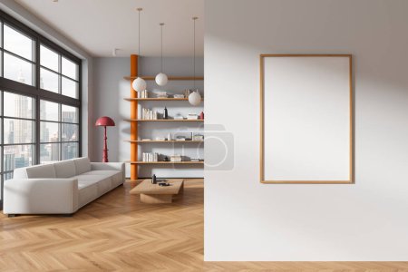 Photo for Stylish home living room interior with sofa, coffee table and shelf with books and decoration. Panoramic window on Kuala Lumpur skyscrapers. Mock up copy space poster on partition. 3D rendering - Royalty Free Image