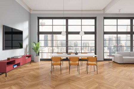Photo for Modern home living room interior with dining table and tv, sideboard with decoration and sofa on hardwood floor. Panoramic window on Kuala Lumpur skyscrapers. 3D rendering - Royalty Free Image