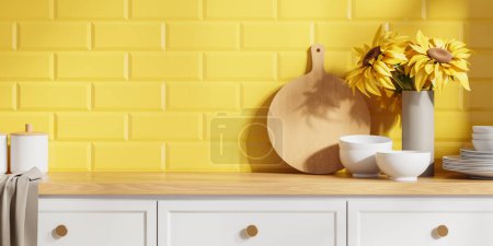 Photo for Cozy yellow home kitchen interior with kitchenware and vase with flowers, cooking space with tile wall. Close up of wooden countertop with dishes. 3D rendering - Royalty Free Image