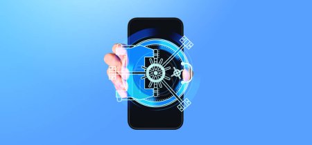 Photo for Man showing smartphone display with bank vault safe glowing hologram, empty blue background. Concept of secure space, online protection, internet safety and cybersecurity - Royalty Free Image