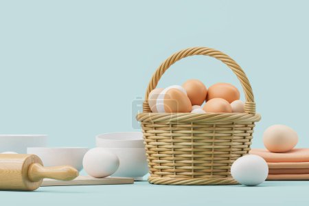 Foto de Cesta de madera llena de huevos, rodillo, platos y tabla de cortar con toalla. Concepto de cocina para Pascua, decoración y vacaciones. Ilustración de representación 3D - Imagen libre de derechos