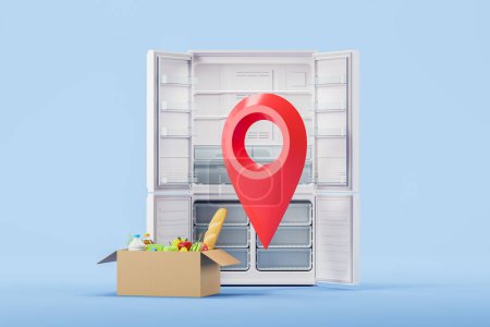 Photo for Cardboard box with fresh food, red location mark and opened white refrigerator on blue background. Concept of online supermarket and delivery. 3D rendering illustration - Royalty Free Image