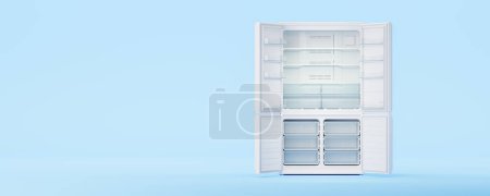Téléchargez les photos : Vue du réfrigérateur vide avec portes ouvertes sur fond bleu. Concept de stockage de marchandises et d'appareils de cuisine. Rendu 3d - en image libre de droit