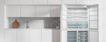 Foto de Casa blanca interior de la cocina con armario de cocina con utensilios de cocina, abierto vacío refrigerador de doble puerta. Zona de comedor y electrodomésticos en apartamento moderno. Renderizado 3D - Imagen libre de derechos