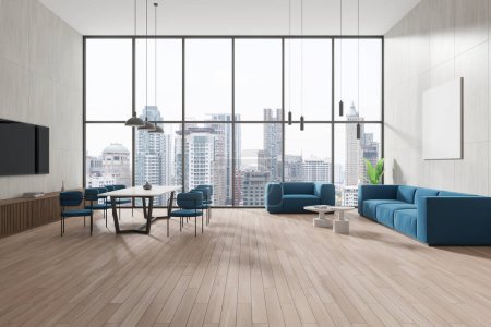 Photo for Modern home living room interior with eating table and chairs, tv zone, blue sofa and coffee table on hardwood floor. Panoramic window on Bangkok skyscrapers. Mock up canvas poster. 3D rendering - Royalty Free Image