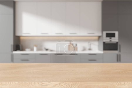 Photo for Empty wooden table on background of white and grey home kitchen interior, blurred cooking space with cabinet and kitchenware. Mock up copy space for product display. 3D rendering - Royalty Free Image