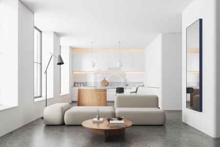Foto de Interior de la moderna sala de estar con paredes blancas, suelo de hormigón, acogedor sofá blanco y cocina con isla en el fondo. renderizado 3d - Imagen libre de derechos