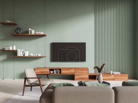 Photo for Interior of stylish living room with green walls, concrete floor, comfortable gray sofa and armchair and modern TV set on the wall. 3d rendering - Royalty Free Image