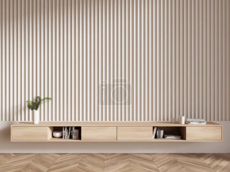 Foto de Interior de salón minimalista con paredes beige, suelo de madera y cómoda cómoda cómoda cómoda de madera con cajones y libros. renderizado 3d - Imagen libre de derechos