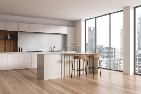 Photo for Corner view of home kitchen interior with bar island, sink and stove with kitchenware. Modern cooking space with panoramic window on Bangkok skyscrapers. 3D rendering - Royalty Free Image