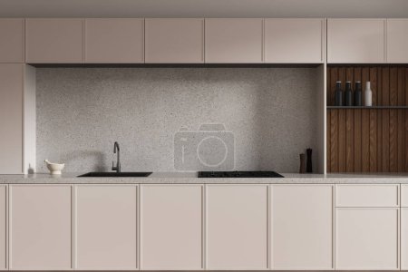 Téléchargez les photos : Intérieur de cuisine classique beige avec évier et cuisinière à gaz, étagère et ustensiles de cuisine. Gros plan d'espace de cuisson minimaliste dans un appartement moderne. rendu 3D - en image libre de droit