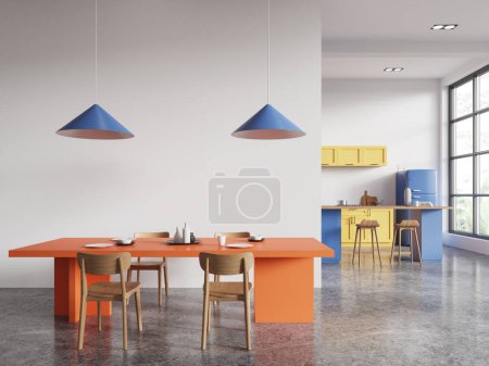 Foto de Interior colorido de la cocina del hogar con mesa de comedor y tabique de pared, piso de hormigón gris. Moderno comedor y armario con isla bar y ventana panorámica en los trópicos. Renderizado 3D - Imagen libre de derechos