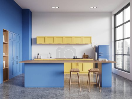 Téléchargez les photos : Intérieur de cuisine moderne avec murs blancs, sol en béton, placards jaunes et armoires et confortable îlot bleu avec tabourets. Rendu 3d - en image libre de droit