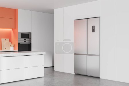 Photo for Corner view of white kitchen interior with bar island and refrigerator, kitchenware and oven mounted. Cooking space in modern apartment with concrete floor. 3D rendering - Royalty Free Image