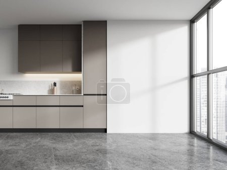 Photo for Luxury home kitchen interior with cooking cabinet on grey concrete floor. Cooking space in modern apartment with panoramic window on skyscrapers. Mockup copy space empty wall. 3D rendering - Royalty Free Image