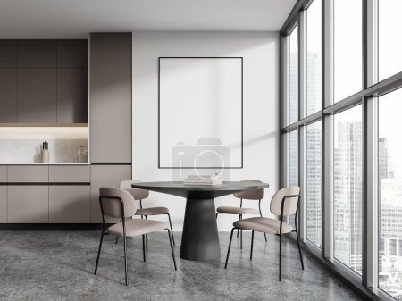 Foto de Interior de cocina moderna con paredes blancas, suelo de hormigón, armarios y armarios grises y mesa de comedor redonda con sillas. Una maqueta vertical de póster. renderizado 3d - Imagen libre de derechos