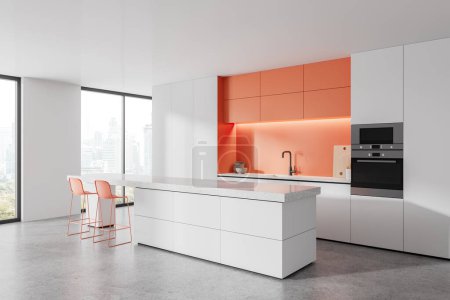 Photo for Corner view of white home kitchen interior with bar island and stool, cabinet with kitchenware and oven. Eating and cooking space, panoramic window on Bangkok skyscrapers. 3D rendering - Royalty Free Image