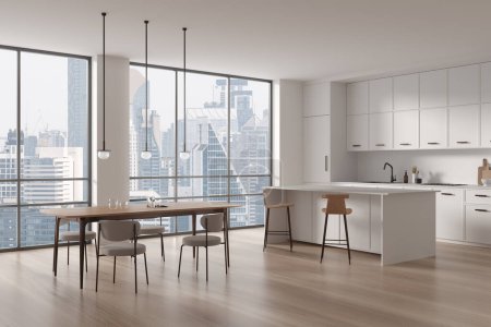 Photo for Corner view of home kitchen interior, dining table and bar island on hardwood floor. Eating and cooking space with shelves and panoramic window on Bangkok skyscrapers. 3D rendering - Royalty Free Image