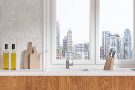 Foto de Interior de cocina moderna con paredes blancas, armarios de madera con fregadero empotrado y gran ventana con paisaje urbano. renderizado 3d - Imagen libre de derechos