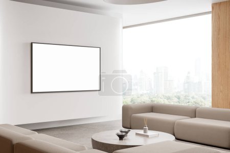 Photo for Corner view of modern home living room interior with sofa and mockup tv display, coffee table with decoration on concrete floor. Panoramic window on Bangkok skyscrapers. 3D rendering - Royalty Free Image