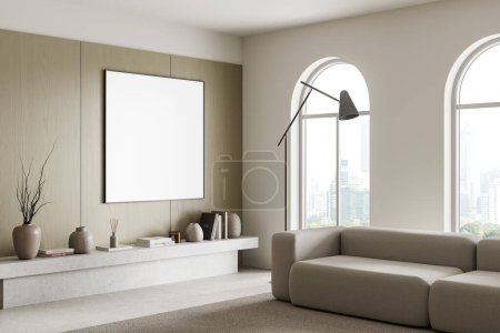 Photo for Corner view of home living room interior with modular sofa, shelf with decoration. Mock up square canvas poster. Panoramic arched window on Bangkok. 3D rendering - Royalty Free Image