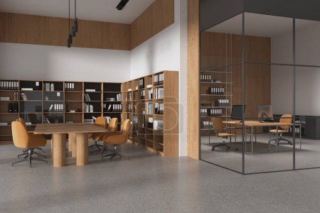 Photo for Corner of stylish office meeting room with white and wooden walls, concrete floor, long conference table with yellow chairs and open space area next to it. 3d rendering - Royalty Free Image