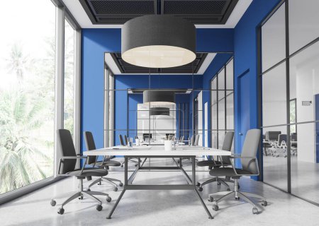 Photo for Interior of modern office meeting room with blue walls, concrete floor and long conference table with black chairs. 3d rendering - Royalty Free Image